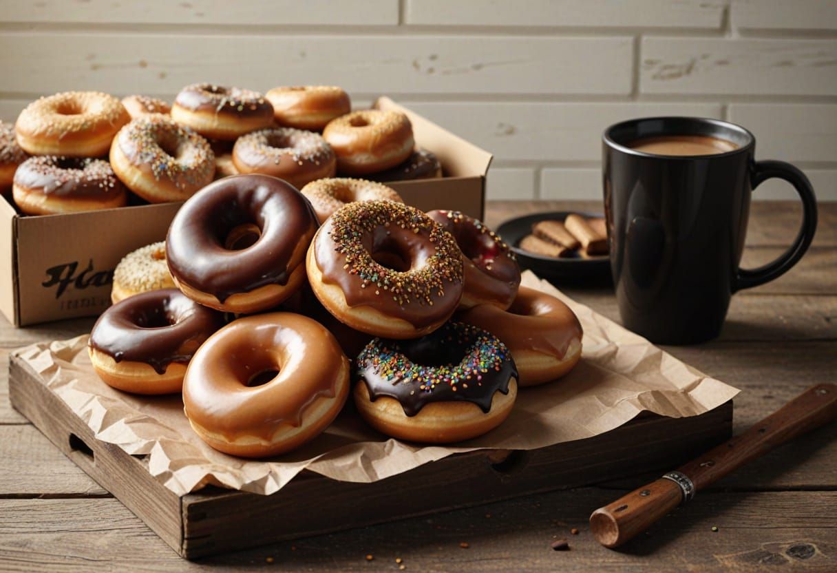 Hyper-Realistic Donuts and Coffee on a Wooden Table