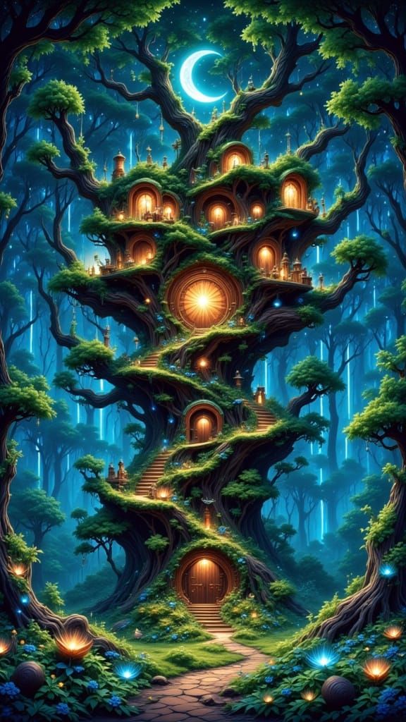 Ancient Treehouse in Bioluminescent Forest