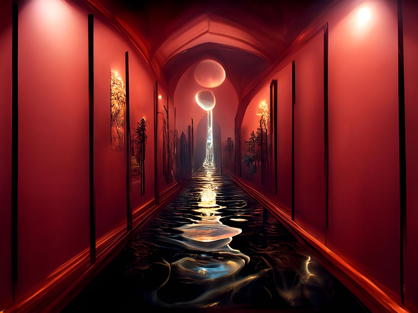 Mystical Sci-Fi Corridor with Water Reflections