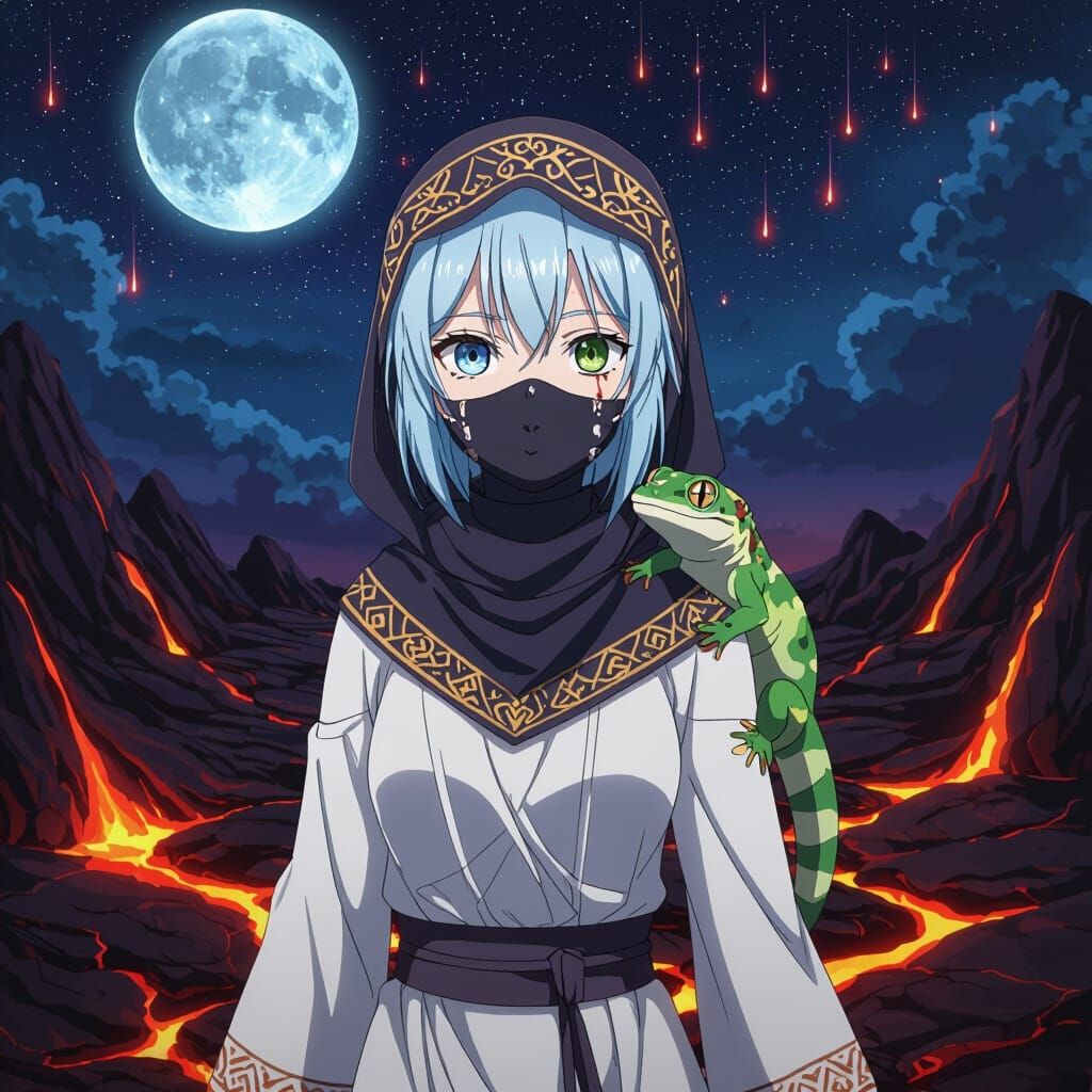 Anime Girl with Gecko in Lava Landscape