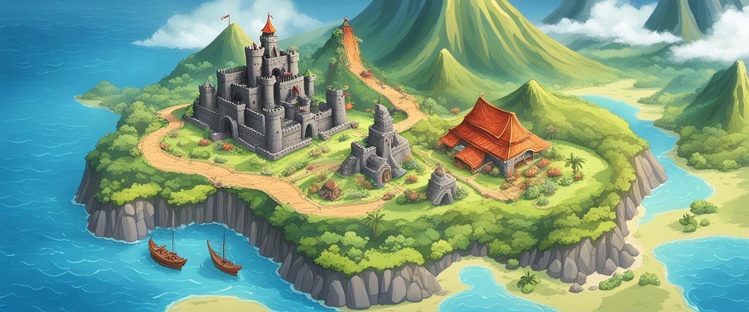Detailed Fantasy Map with Volcano and Castle