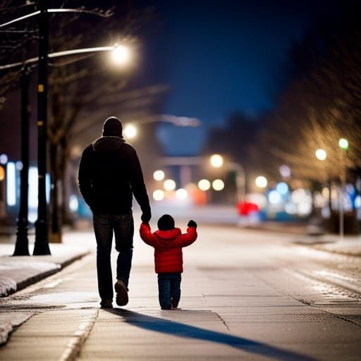 Father and Son Walking in Winter Blizzard