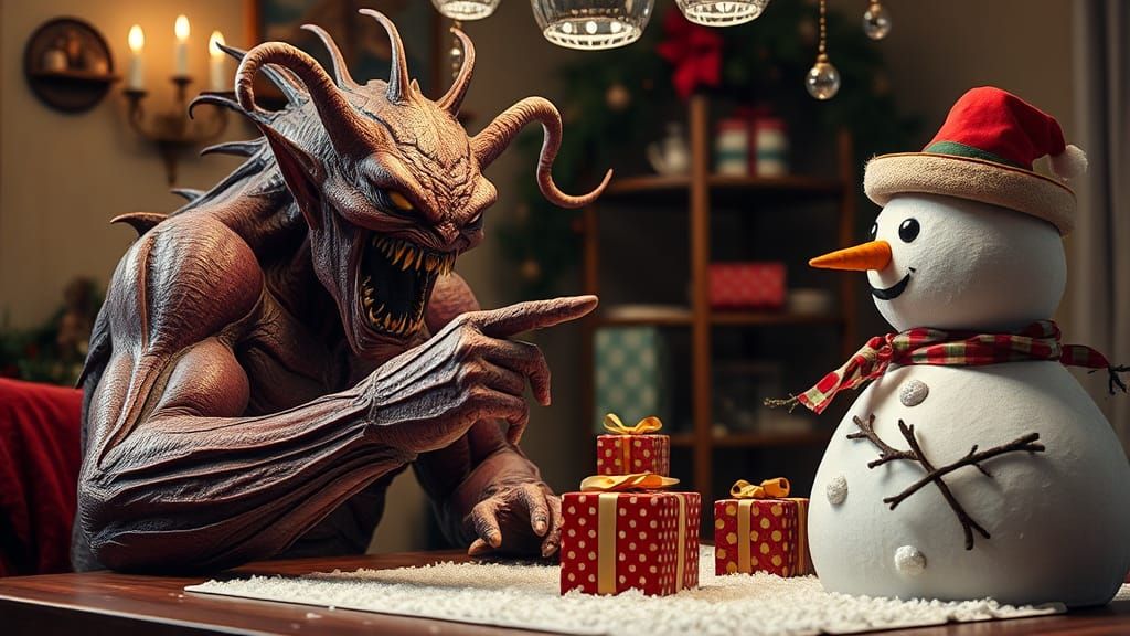 Monster Screams at Smug Snowman in Hyperdetailed Photo