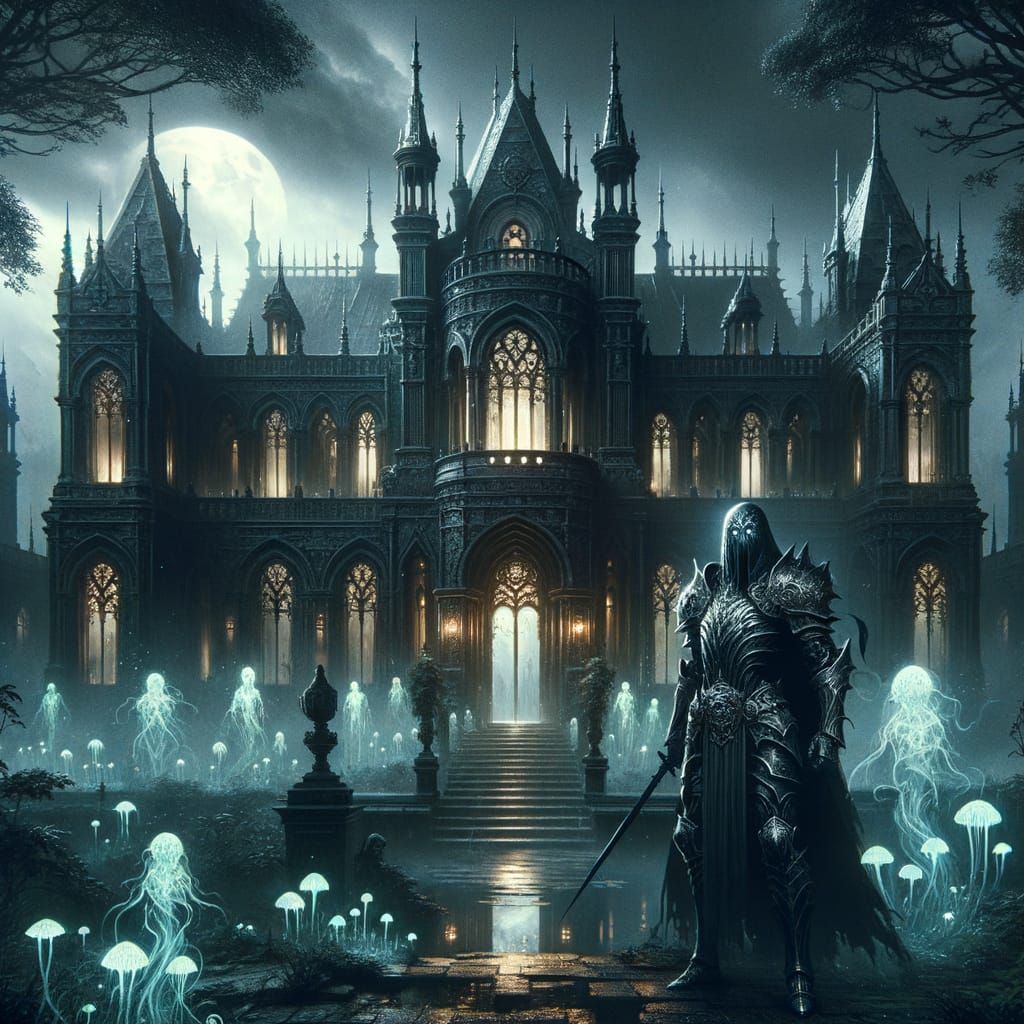 Ancient Gothic Mansion in Twilight with Warrior