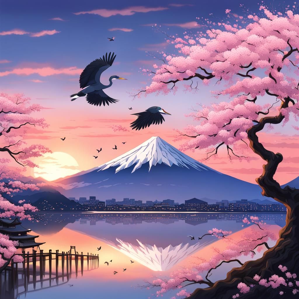 Anime Heron Soars Over Mount Fuji at Sunrise