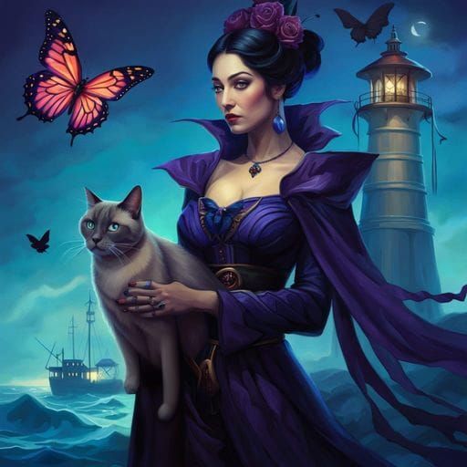 Haunted Lighthouse with Butterfly Woman: Fantasycore Illustr...
