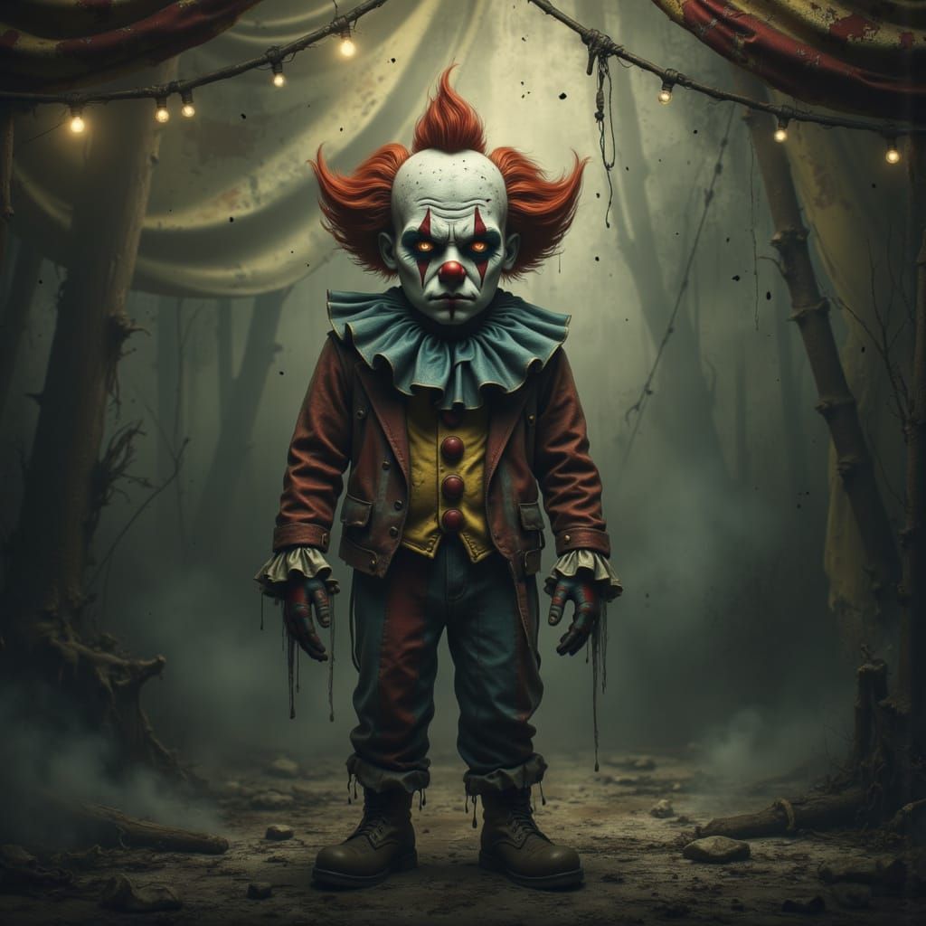Melancholy Clown in Eerie Circus Tent, Tim Burton Style