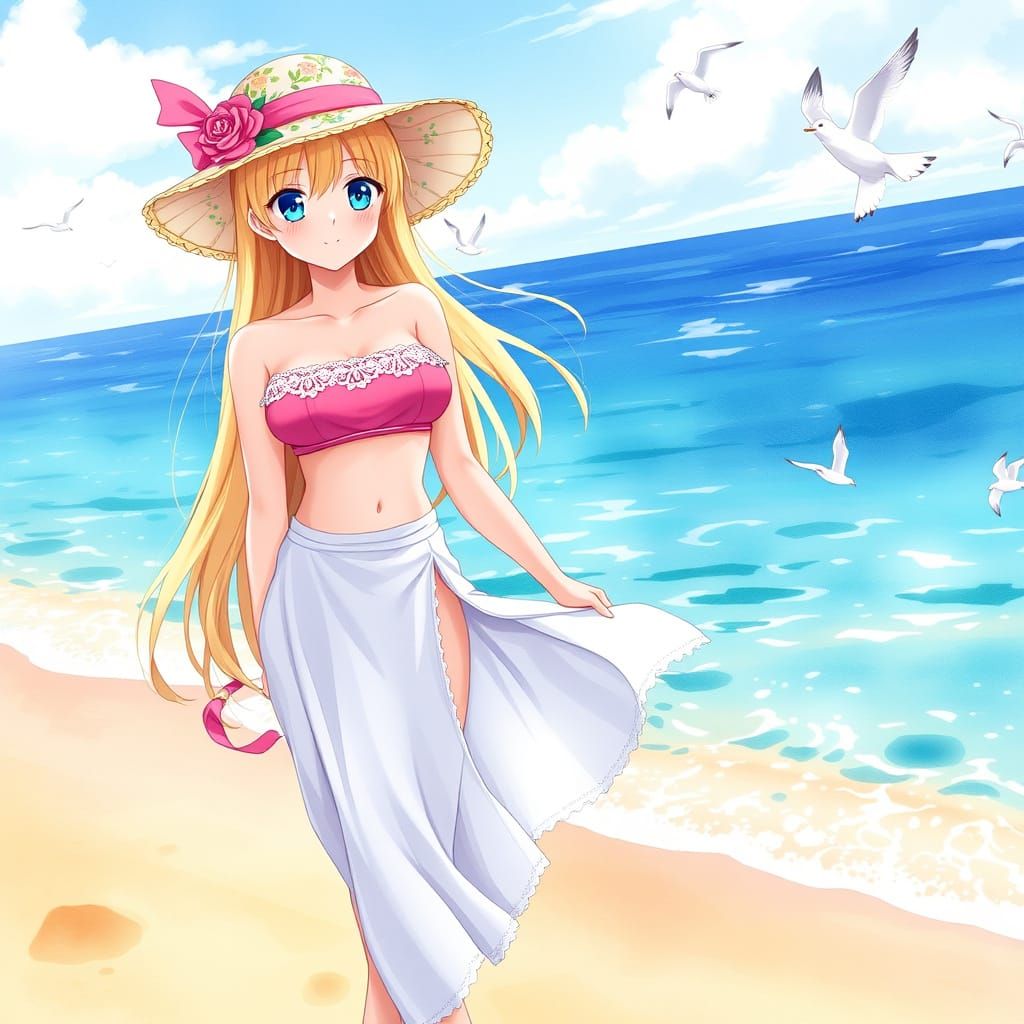 Anime Girl Stands Confidently on a Sun-Kissed Beach in Vibra...