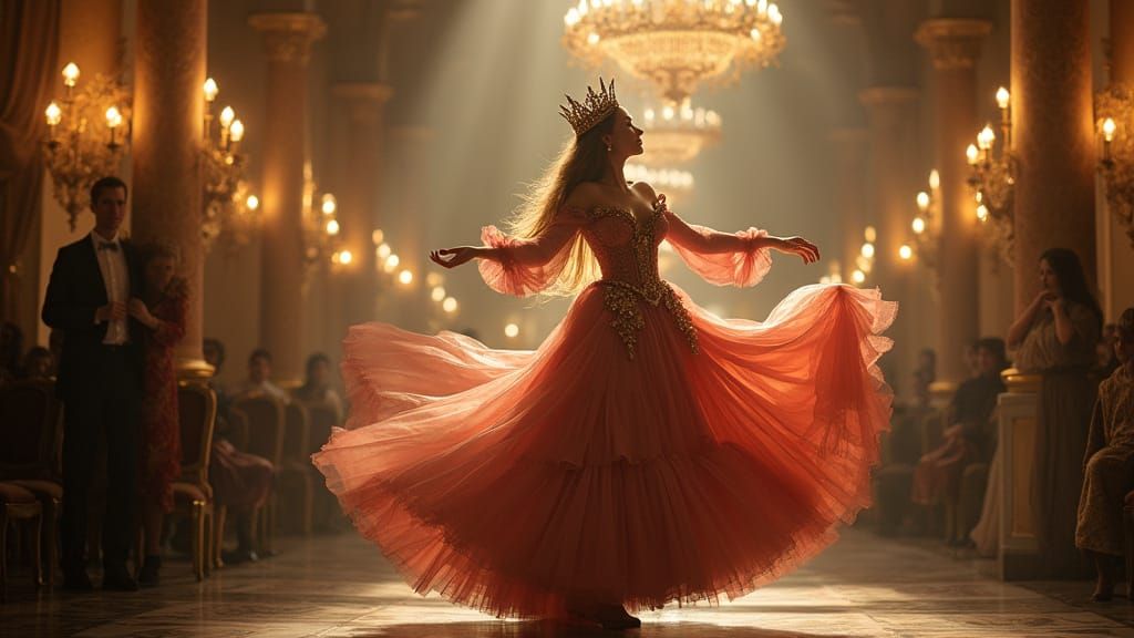 Queen Dancing in Lavish Ballroom, Romanticism Style