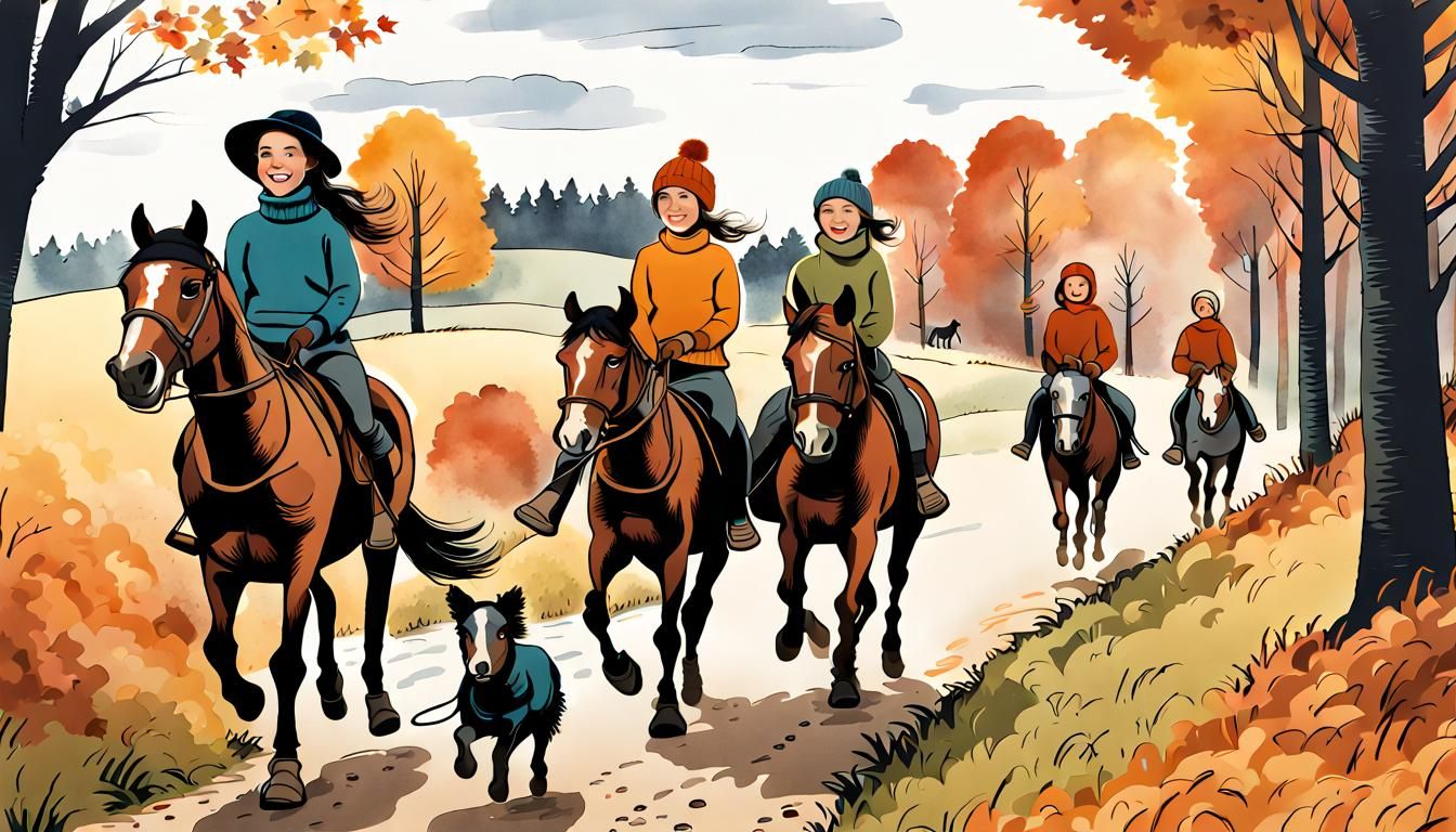 Girls Pony Trekking in Autumn Forest: 1970s Style