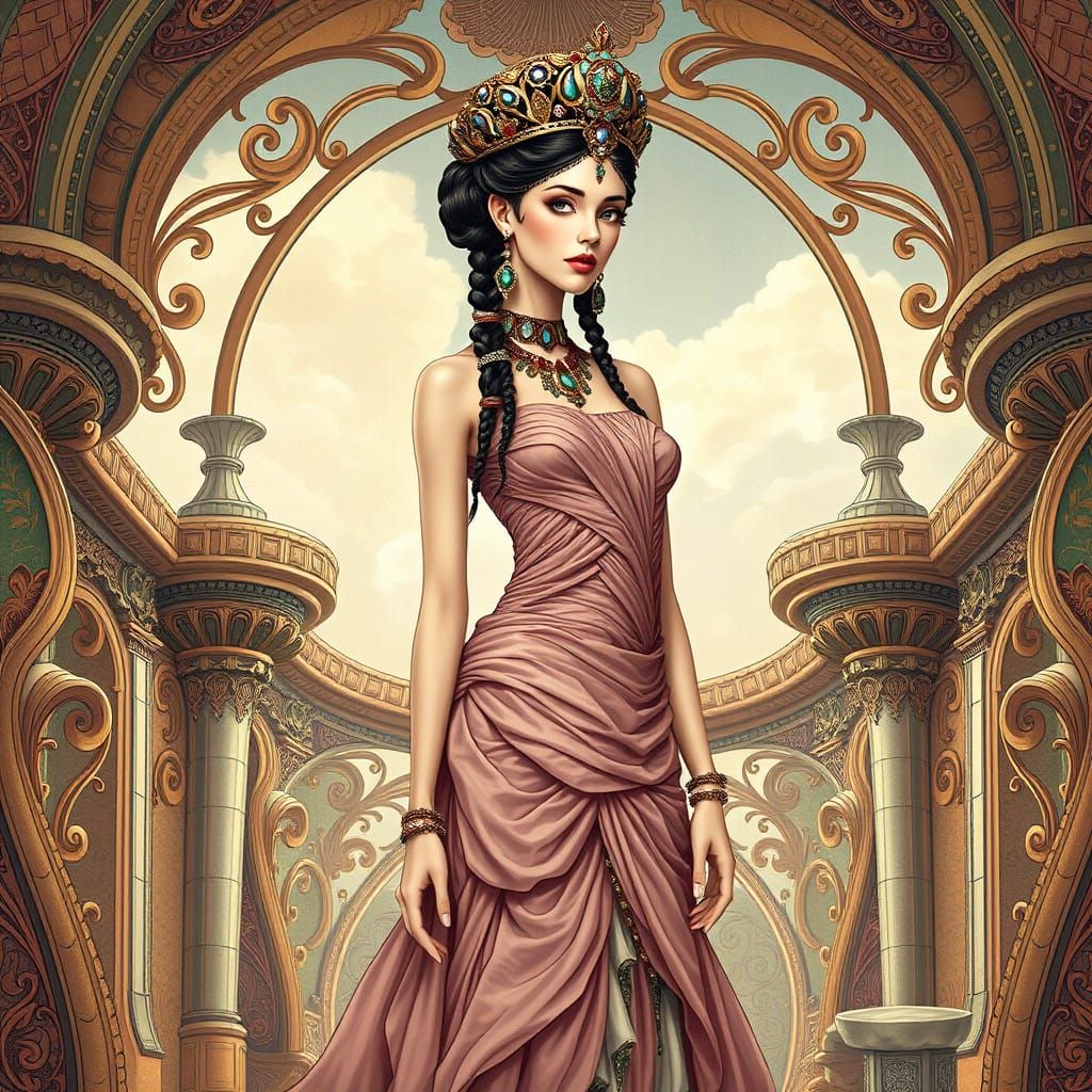 Beautiful woman dressed in 18000 B.C. fashion and wearing hairstyle 180000 B.C., art nouveau rococo architecture