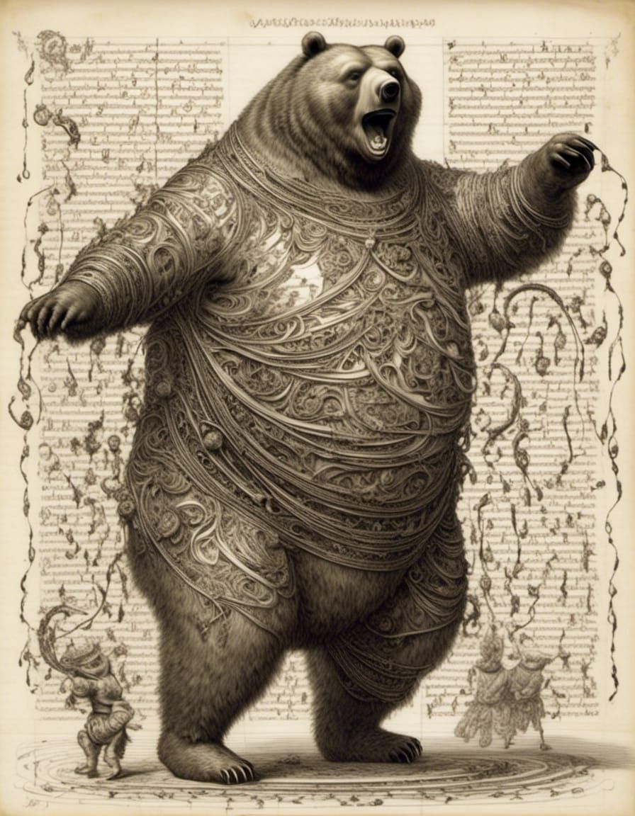 Dancing Obese Bear: Complex Calligraphic Line-Drawing