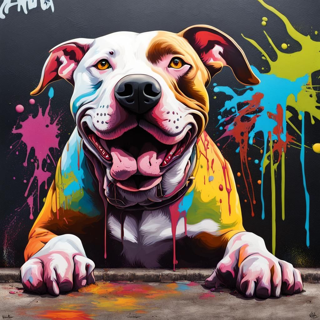 Pitbull Dog as Actor in Neo-Impressionist Graffiti Art