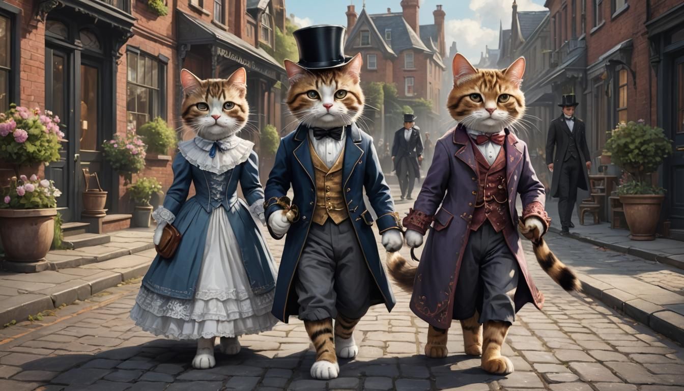 Victorian Cats Walking Down the Street