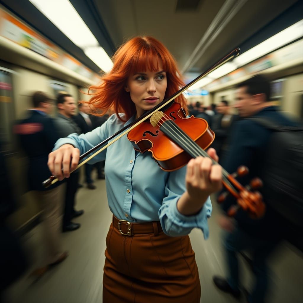 Red-Haired Woman Plays Fiddle on Busy Subway Platform