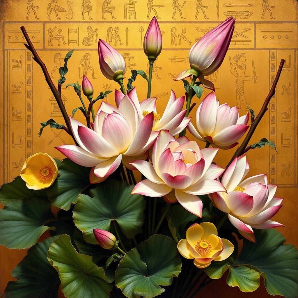 Egyptian Floral Masterpiece in Golden Orientalist Style