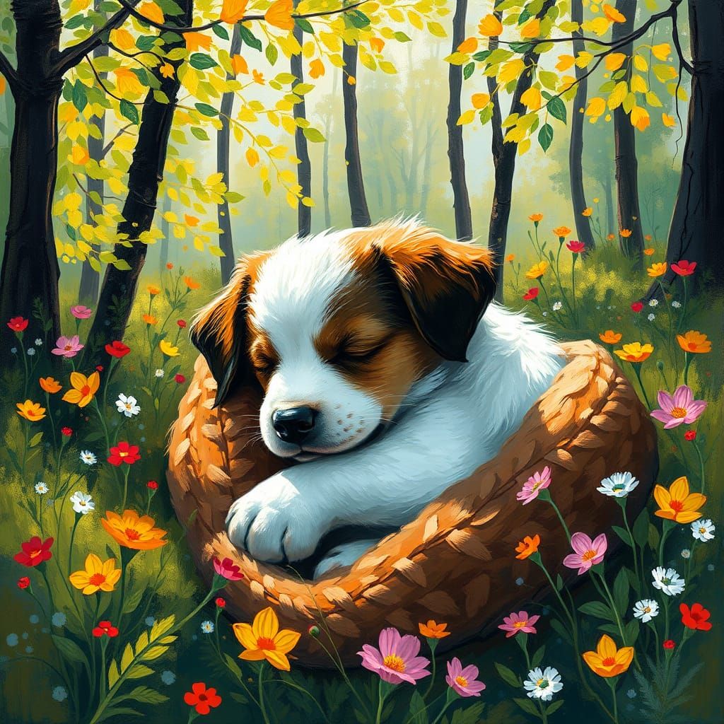Puppy Snoozing in Spring Forest, Abstract Art Style