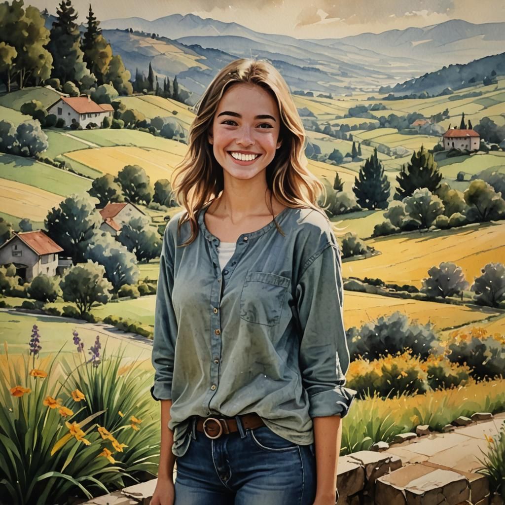 Girl in Landscape, Detailed Painting Style