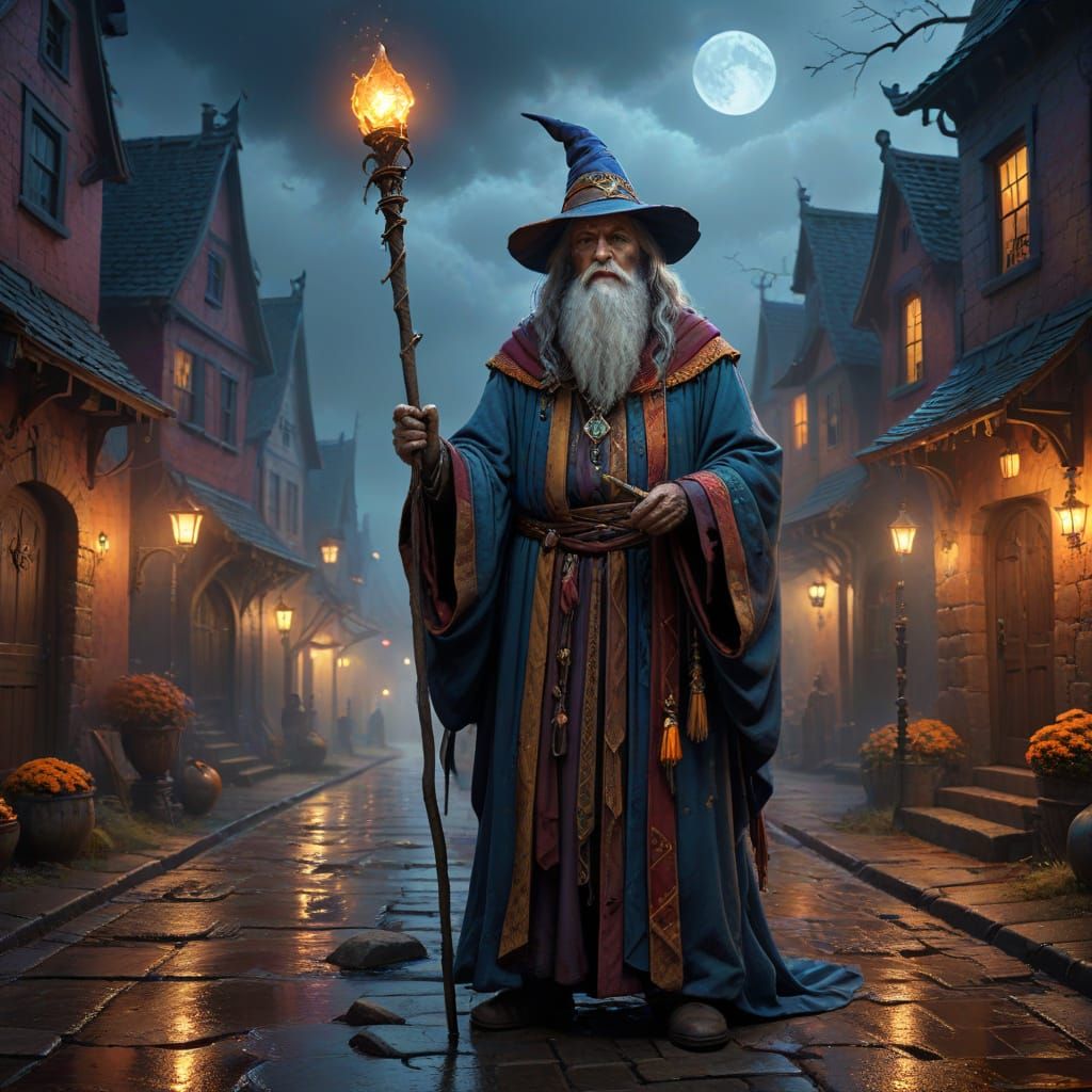 Wise Wizard in Halloween Costume With Glowing Staff