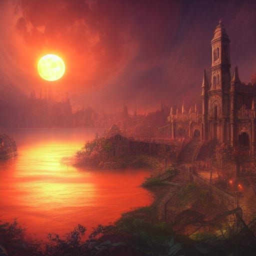 Ruined City with Glowing Plants at Sunset