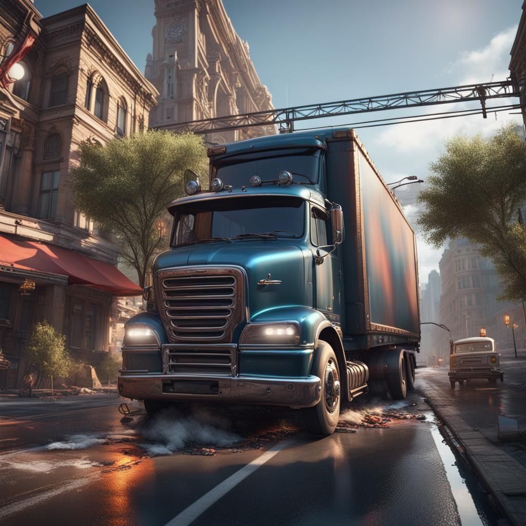 Truck Collision at Intersection in Detailed Matte Painting
