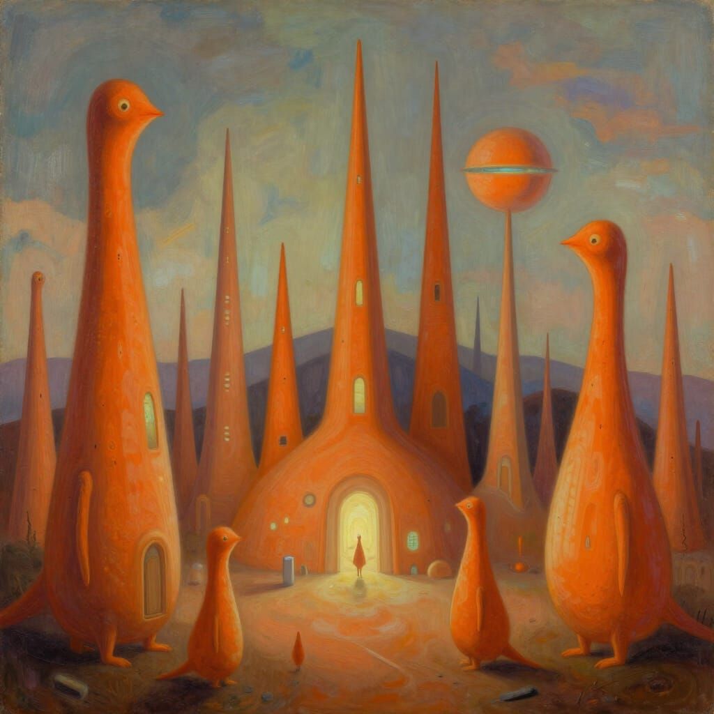 Surreal Orange City with Whimsical Creatures