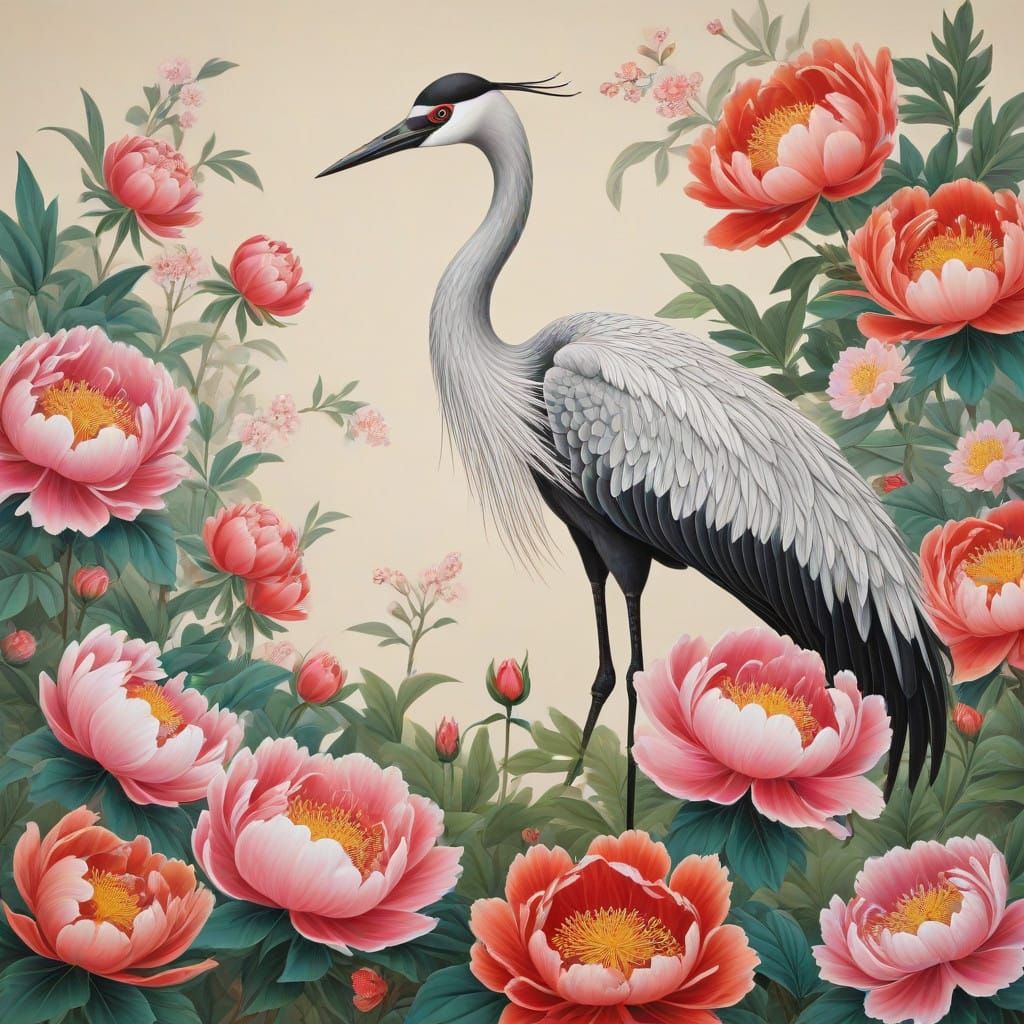 Vibrant Peony Garden Scene in Traditional Korean Minhwa Styl...