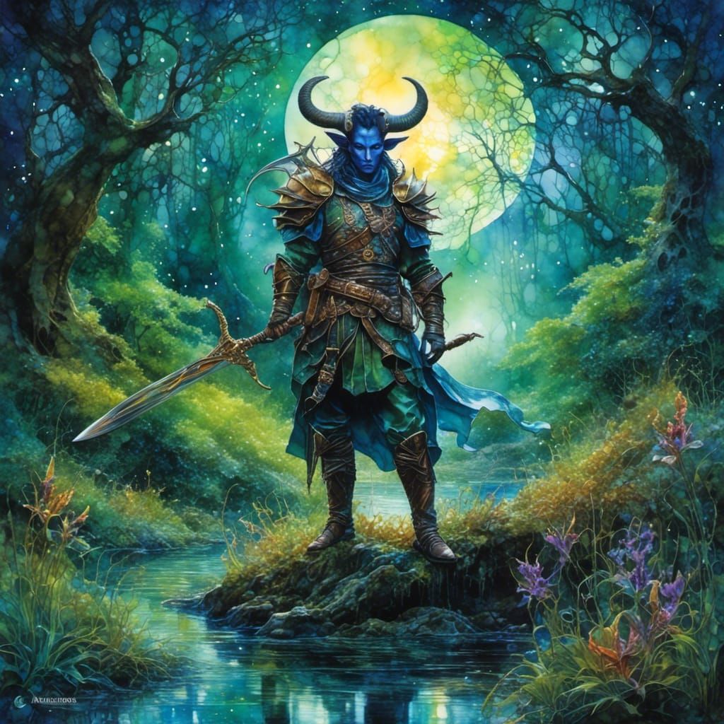 Tiefling Warrior in Swamp Under Full Moon