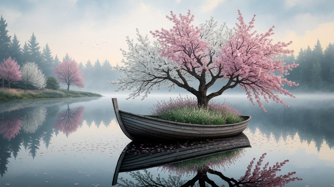 Floating Garden in Weathered Boat: Watercolour Painting