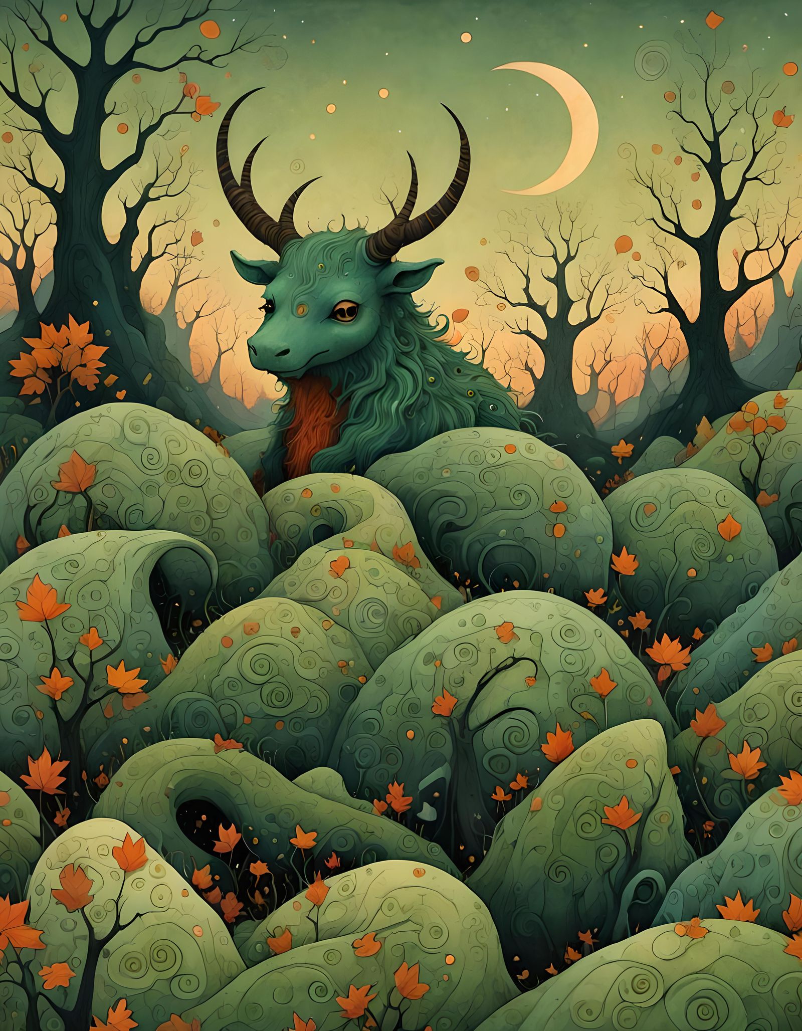 Furry Monster on Green Hill at Dusk