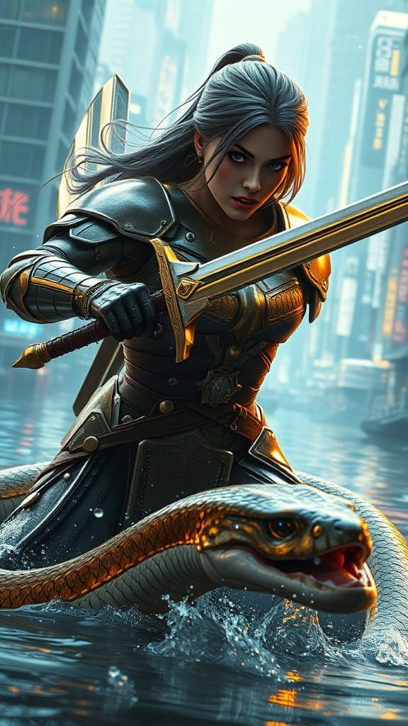 Fierce Cyberpunk Warrior in Epic Battle with Water Snake
