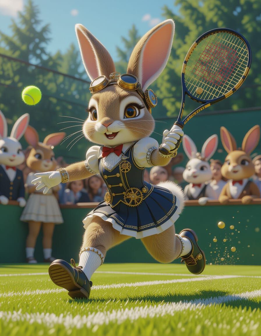 Steampunk Rabbit Plays Tennis on Grass Court