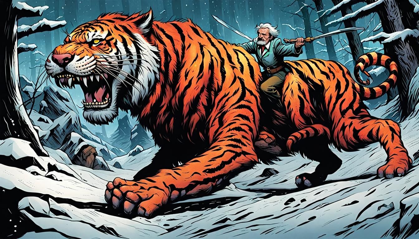 Mark Twain as a Cro-Magnon man fighting a Sabre Toothed Tiger  Brooks and Dan Mumford, comic book art, perfect, smooth