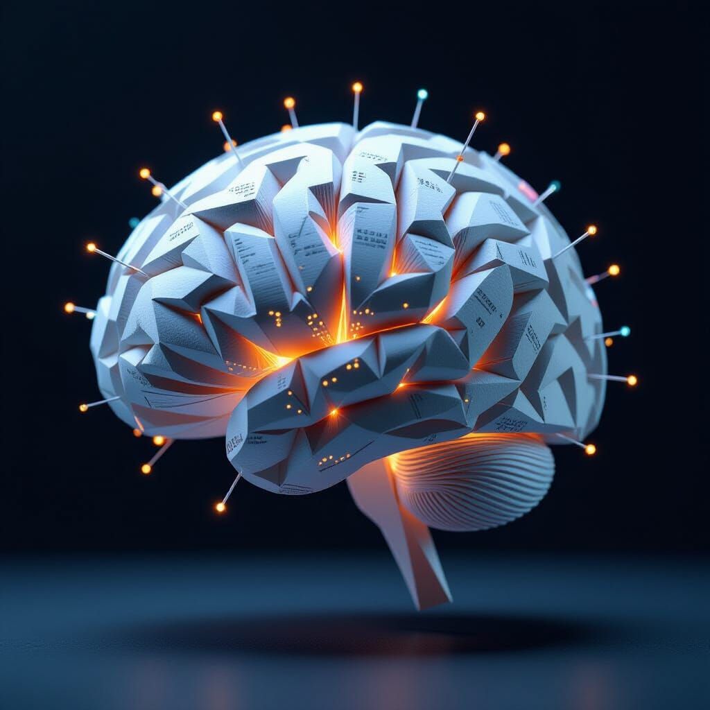 Intricate Paper Brain Sculpture with Pulsing Data Streams