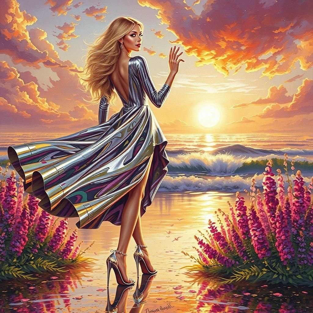 Woman in Chrome Dress Amidst Sunset Flowers