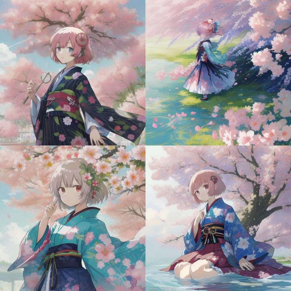 Cherry Blossom Kimono at Summer Festival: Anime Style