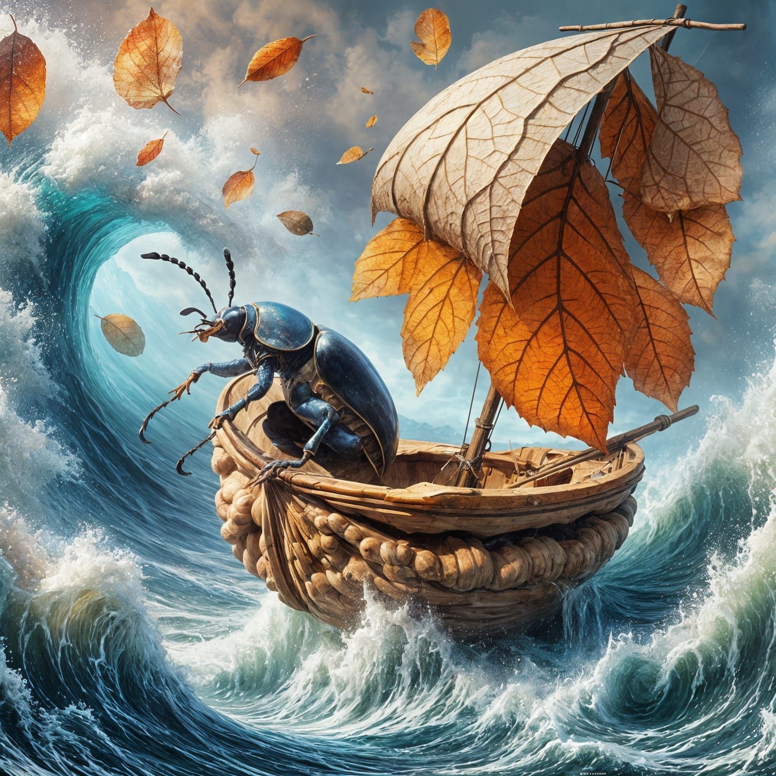 Walnut Boat on Stormy Sea: Neo-Romantic Artwork
