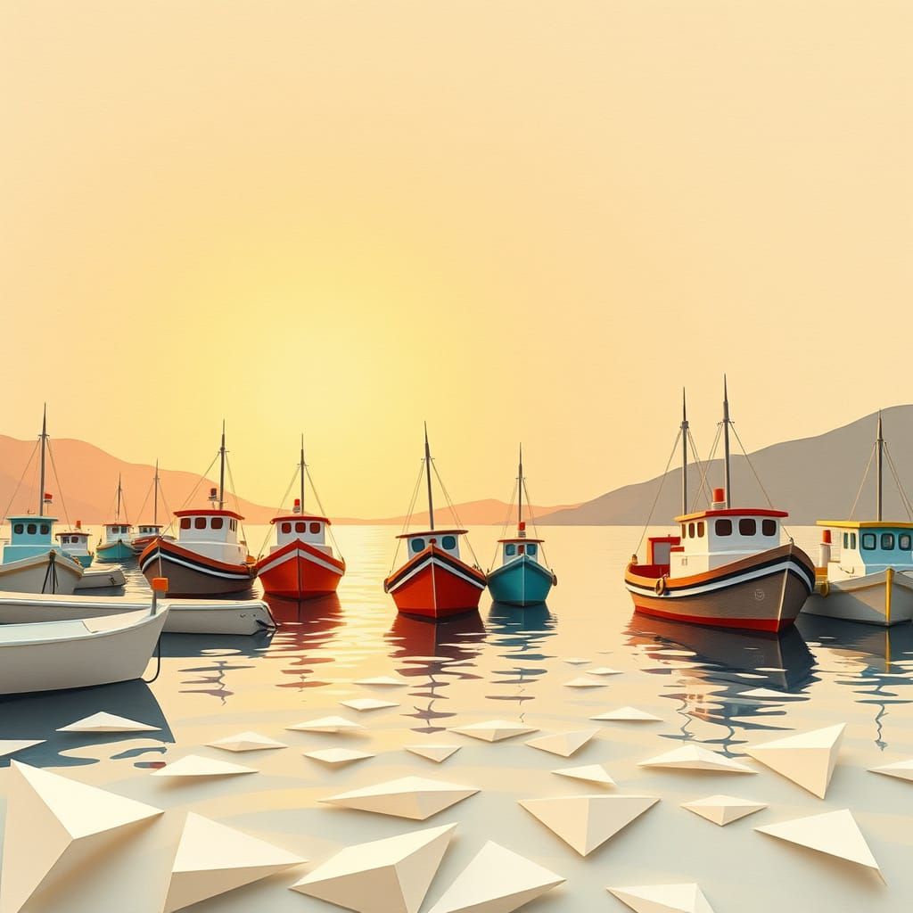 Sunrise Harbor with Origami Fishing Boats