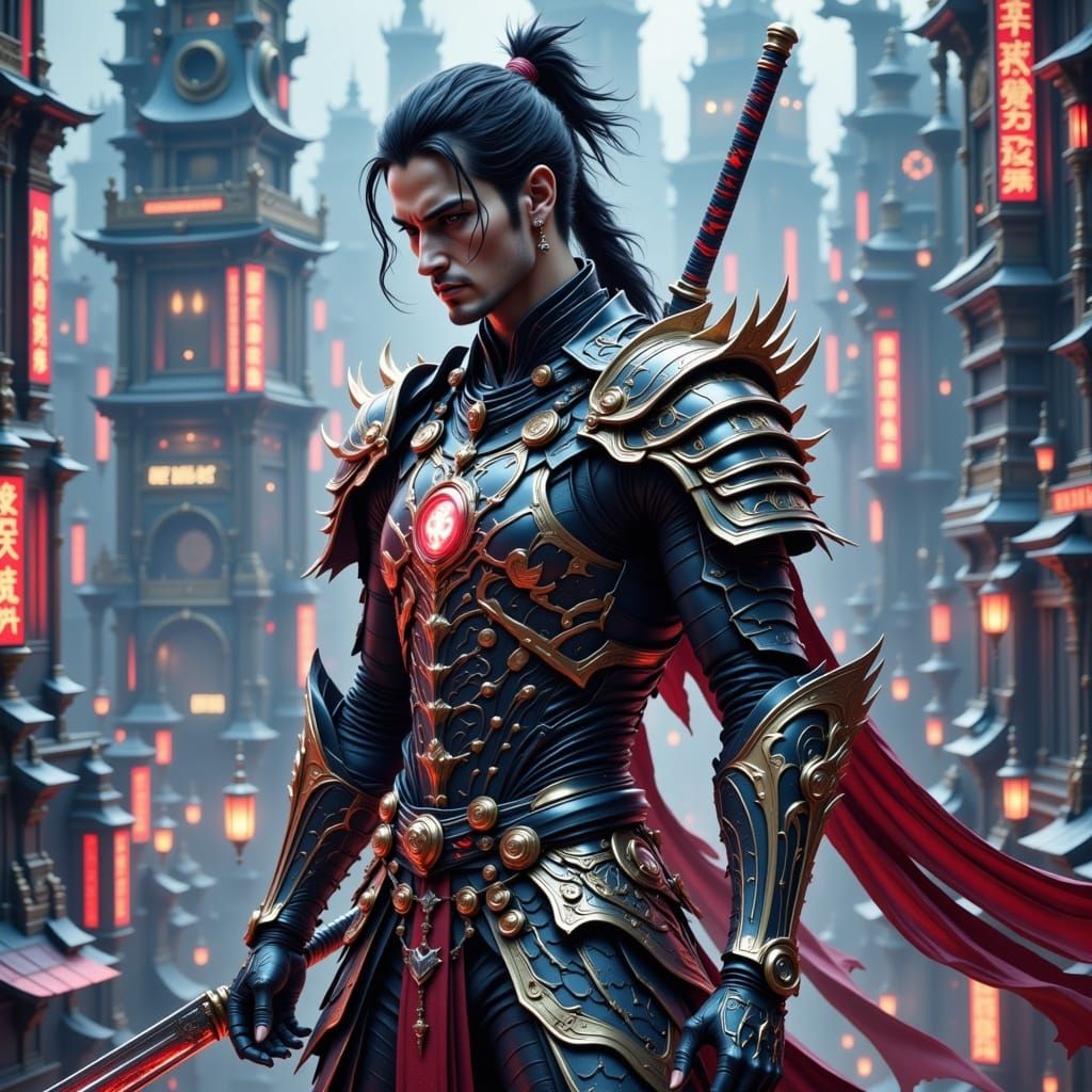 Cyberpunk Samurai Warrior in Futuristic Metropolis