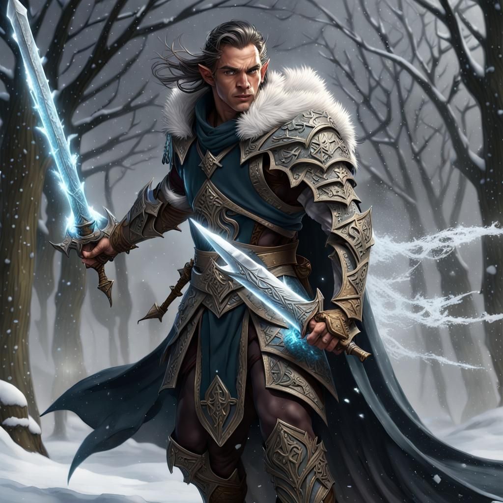 Elf Fighter-Wizard in Snowstorm, Dark Fantasy Art