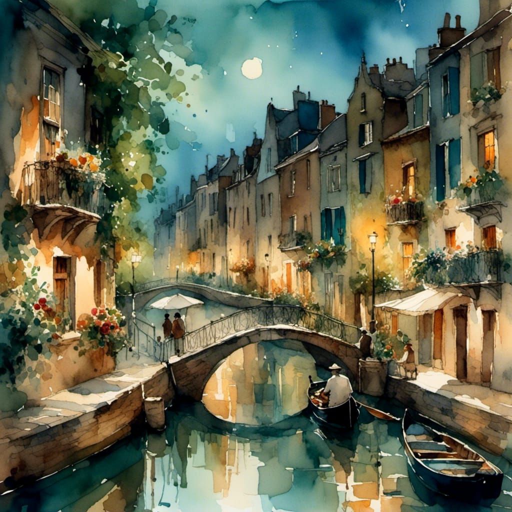 Paris Canal at Night in Canaletto Style