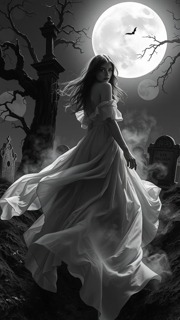 Ethereal Woman in Graveyard on Halloween Night