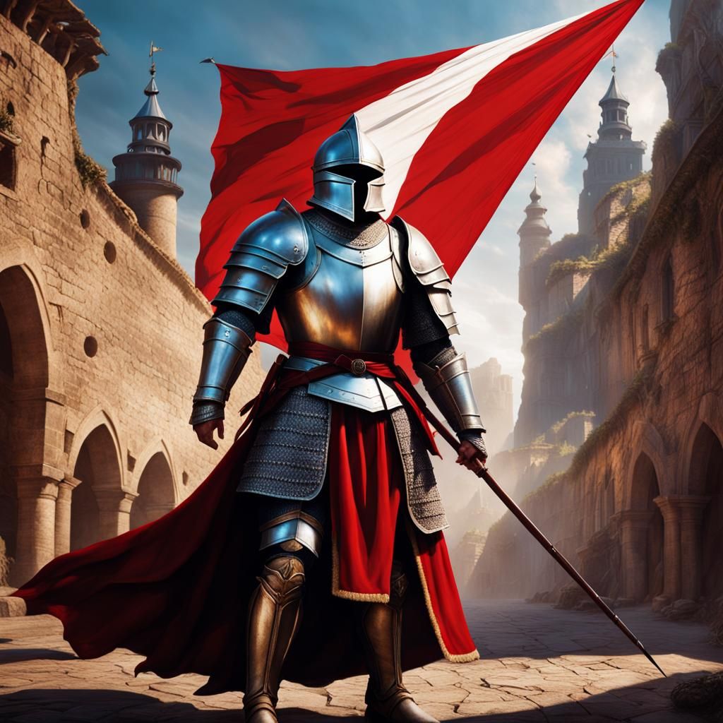 Polish Knight in Armor with Eagle Flag