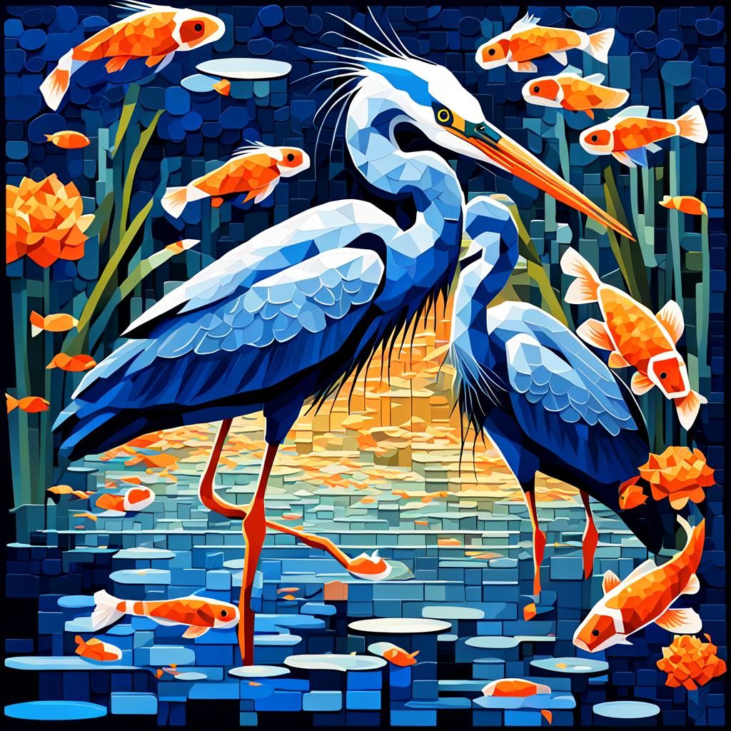 Blue Herons and Koi Fish in Neo-Cubist Style
