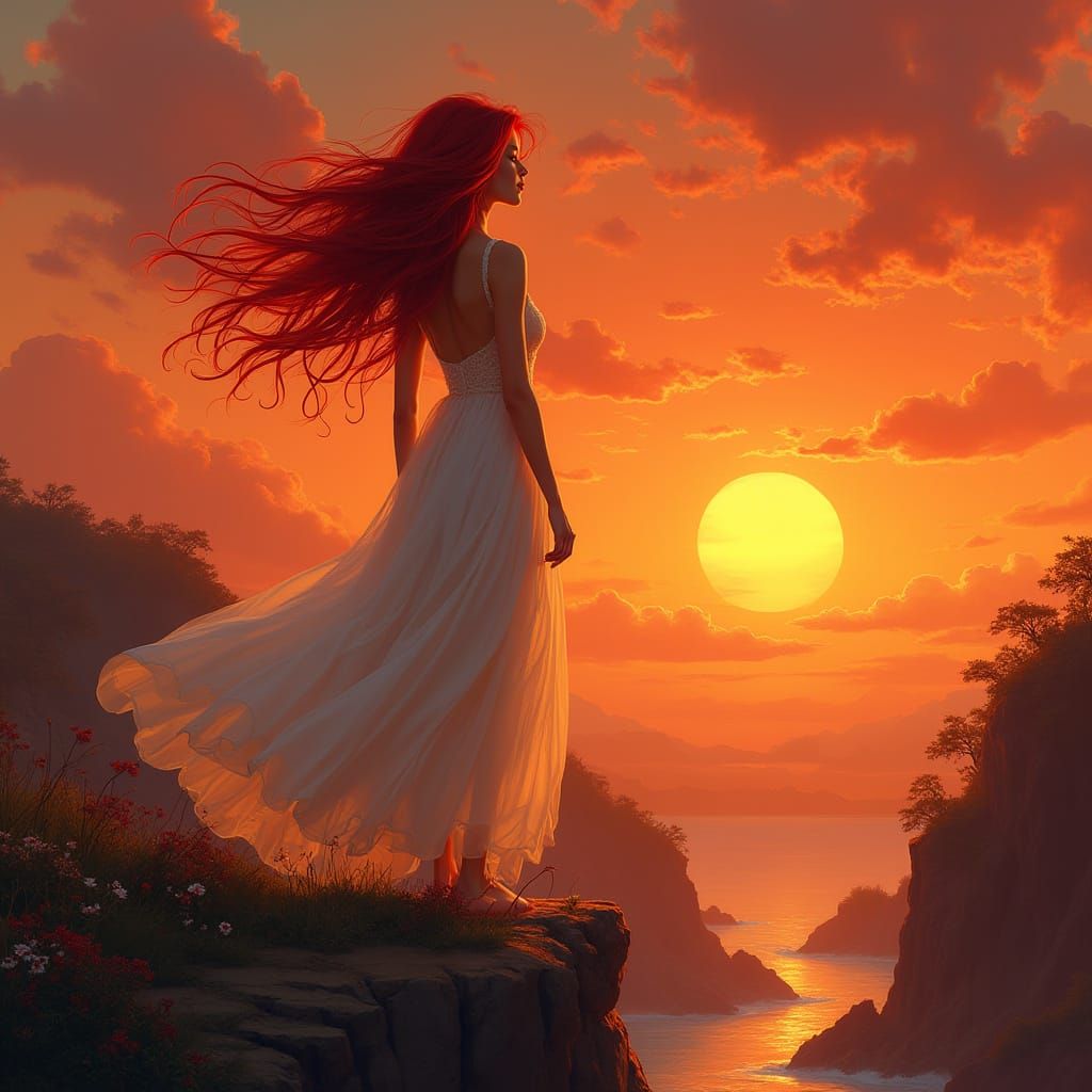 Red-Haired Woman and Sunset in Dreamy Art Style