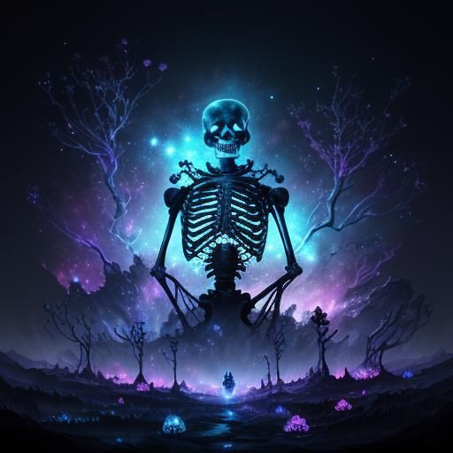 Glowing Hello Kitty Skeleton in Galaxy