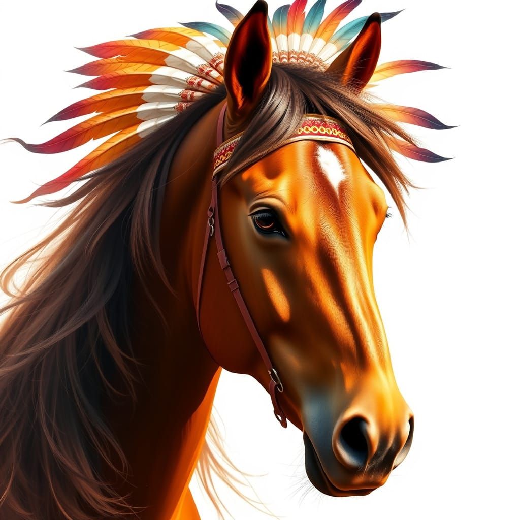 Elegant Brown Horse in Indian Headdress