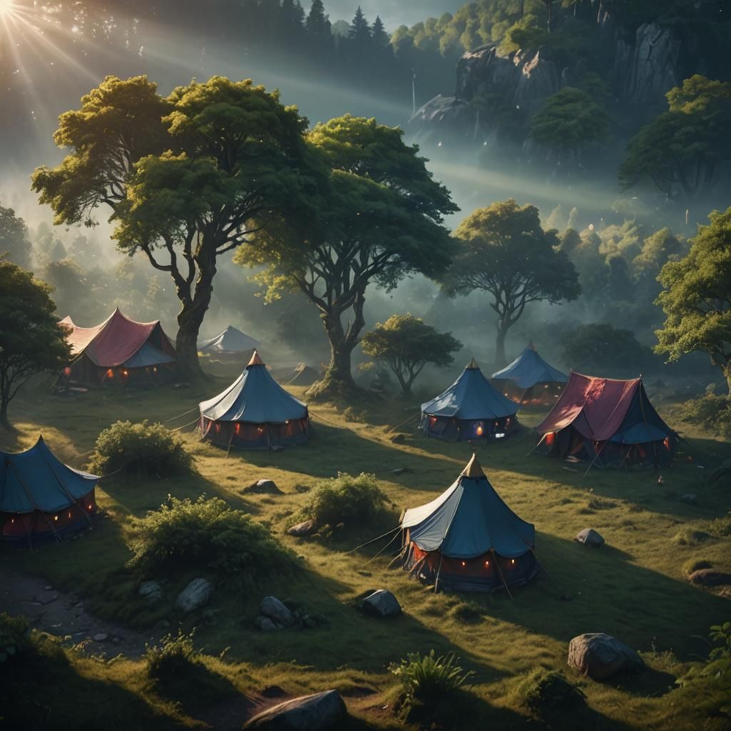 Mystical Forest Clearing with Tents: Fantasy Illustration