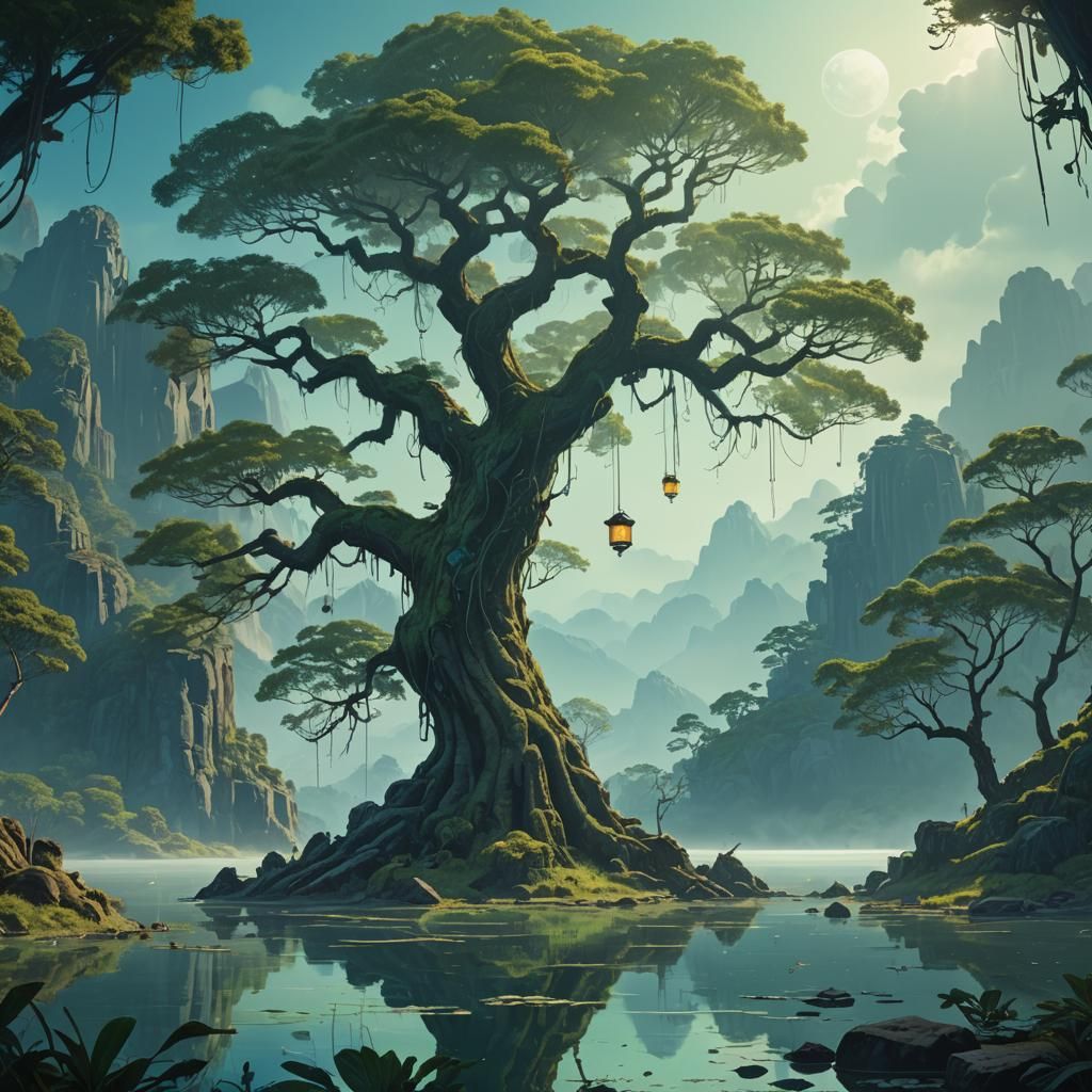 Ancient Tree by Lake: Fantasy Concept Art