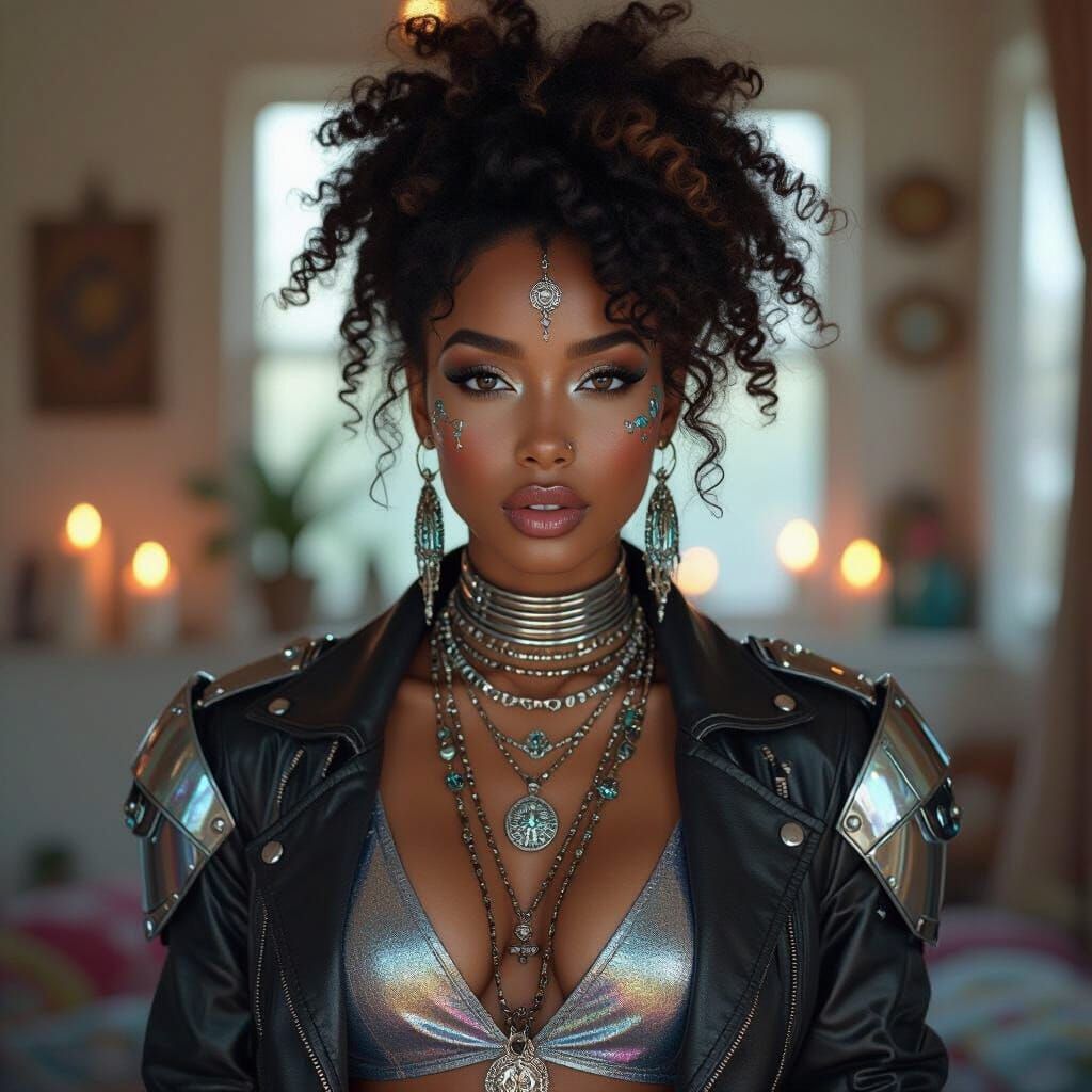 Afrofuturist Woman with Crown Hair and Metallic Accents